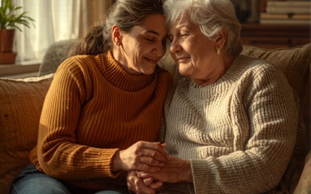 Adult child with elderly parent at home